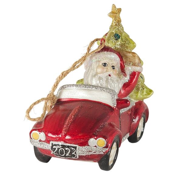 Santa in Red Convertible Car Ornament w/ Christmas Tree 2023 Glitter Holiday - Picture 2 of 14
